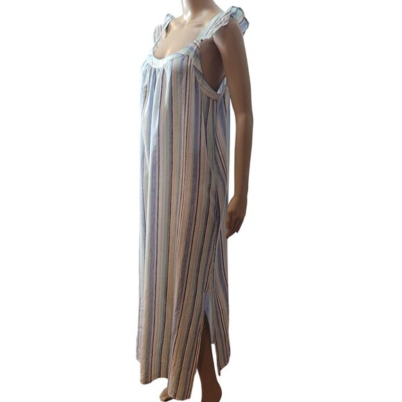VINCE CAMUTO LINEN STRIPED RUFFLE STRAP DRESS SLEEVELESS MIDI AQUA ICE  Pockets - Picture 9 of 12